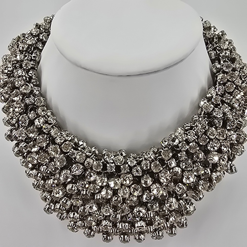 Natasha Rhinestone Cluster Statement Necklace Silver tone Bib Formal Sparkle